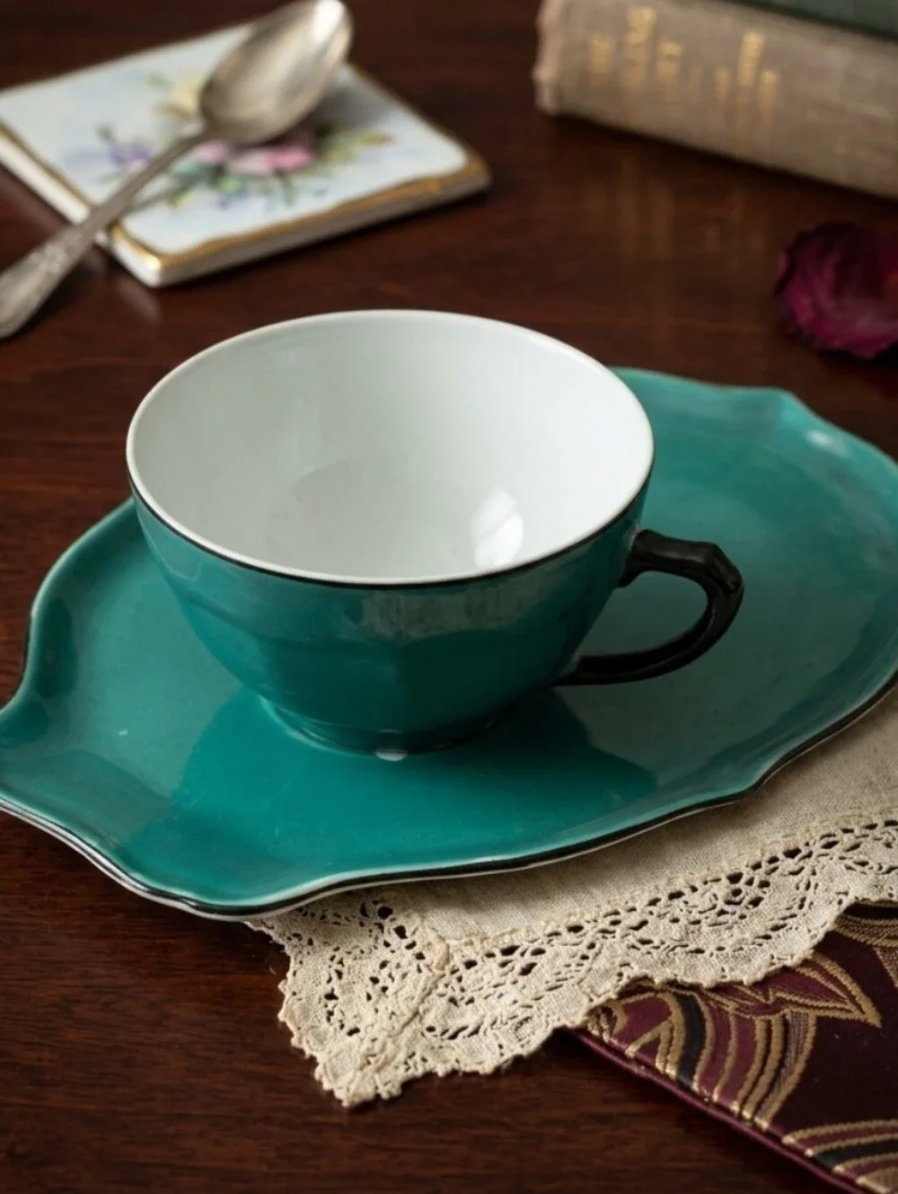 Vintage Czechoslovakia Teal Porcelain Snack Set - 3 Cups & Plates